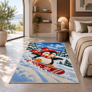 Snowboarding Penguin Rug in a bedroom with an arched window