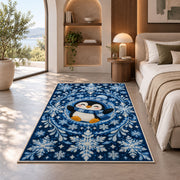 Snowflake Mandala Penguin Rug in a bedroom with an arched window