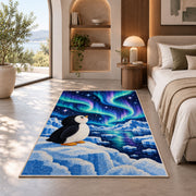 Aurora Penguin Rug in a bedroom with an arched window