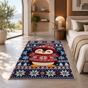Nordic Sweater Penguin Rug in a bedroom with an arched window