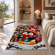Christmas Penguin Rug in a bedroom with an arched window