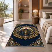 Vintage Nurse Emblem Rug in a bedroom with an arched window