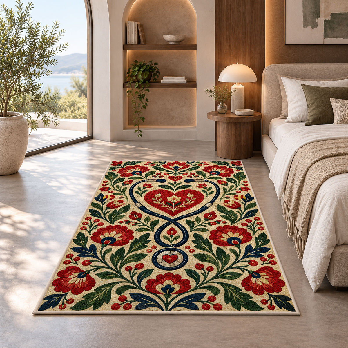 Folk Art Nurse Rug in a bedroom with an arched window