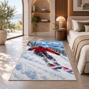 Downhill skier rug in a bedroom with an arched window