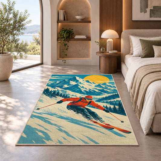 Vintage ski poster rug in a bedroom with an arched window