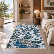 Ski resort trail map rug in a bedroom with an arched window