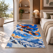 Snowboarder jump rug in a bedroom with an arched window