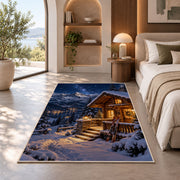 Ski cabin at night rug in a bedroom with an arched window