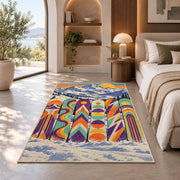 Retro snowboards rug in a bedroom with an arched window