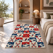 Checkered ski rug in a bedroom with an arched window