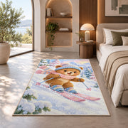 Teddy bear skier rug in a bedroom with an arched window