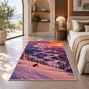 Sunset ski slope rug in a bedroom with an arched window