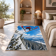 Ski jumper rug in a bedroom with an arched window