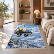 Chairlift skiers rug in a bedroom with an arched window