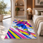 Pop art skier rug in a bedroom with an arched window