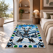 Trail difficulty symbols rug in a bedroom with an arched window