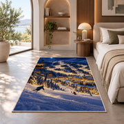 Night skiing resort rug in a bedroom with an arched window