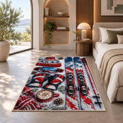 Ski gear flat lay rug in a bedroom with an arched window