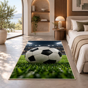 classic soccer ball under stadium lights rug in a bedroom with an arched window