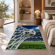 soccer ball hitting the net rug in a bedroom with an arched window