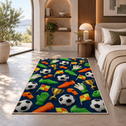 soccer gear pattern rug in a bedroom with an arched window