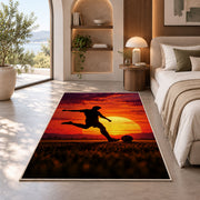soccer player silhouette at sunset rug in a bedroom with an arched window