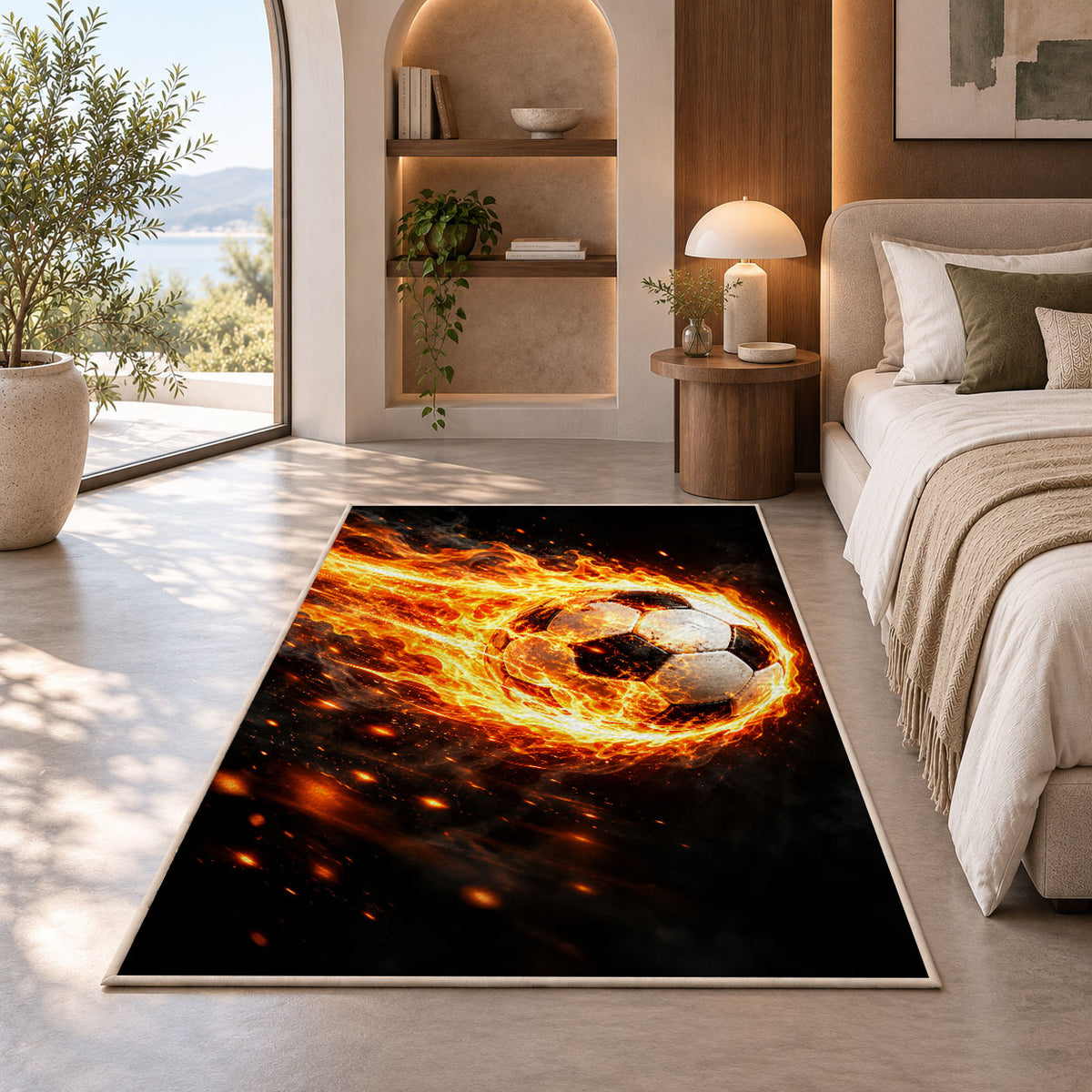 flaming soccer ball rug in a bedroom with an arched window
