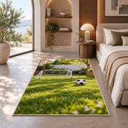 backyard soccer goal rug in a bedroom with an arched window