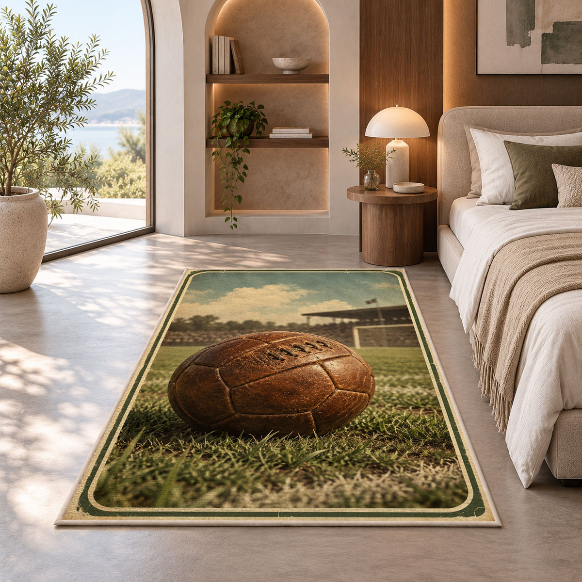 vintage leather soccer ball rug in a bedroom with an arched window