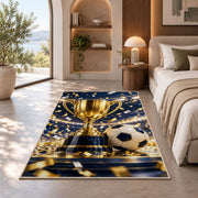 gold trophy and soccer ball rug in a bedroom with an arched window
