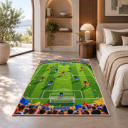 cartoon kids soccer match rug in a bedroom with an arched window
