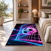 neon soccer ball and goal rug in a bedroom with an arched window