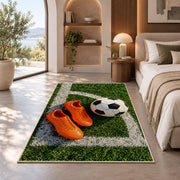 orange soccer cleats and ball rug in a bedroom with an arched window