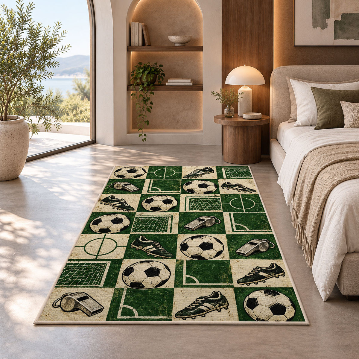 retro checkered soccer pattern rug in a bedroom with an arched window