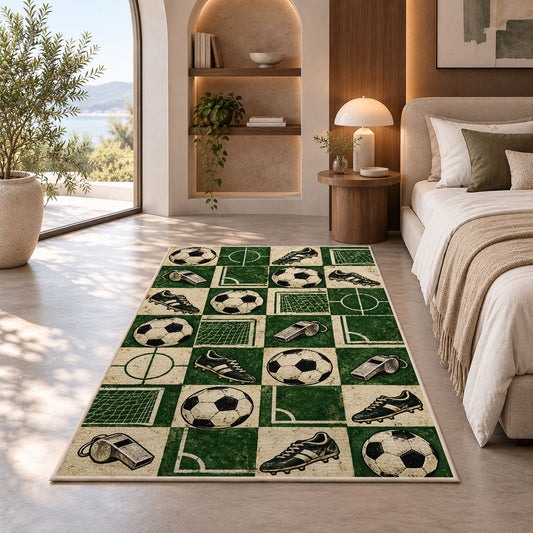 retro checkered soccer pattern rug in a bedroom with an arched window