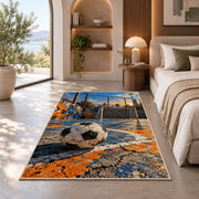 street soccer court rug in a bedroom with an arched window