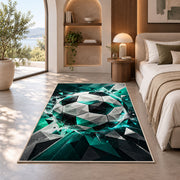low poly geometric soccer ball rug in a bedroom with an arched window