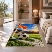 corner flag and soccer ball rug in a bedroom with an arched window