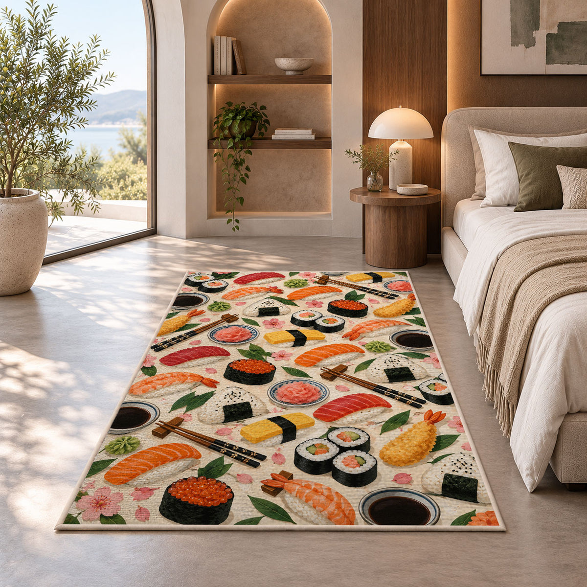 Sushi Pattern Rug in a bedroom with an arched window
