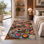 Conveyor Belt Sushi Rug in a bedroom with an arched window