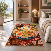 Cat Ramen Rug in a bedroom with an arched window