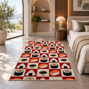 Checkered Sushi Rug in a bedroom with an arched window
