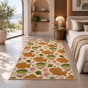 Taiyaki and Matcha Rug in a bedroom with an arched window