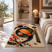 Minimalist Sushi Rug in a bedroom with an arched window