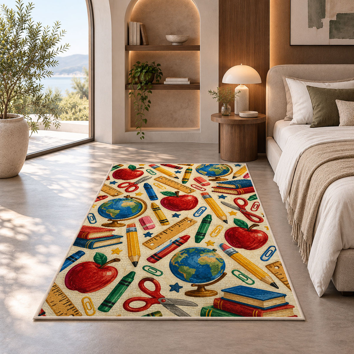 School Supplies Pattern Rug in a bedroom with an arched window