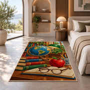 Vintage Globe Teacher Rug in a bedroom with an arched window