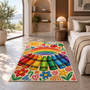Crayon Rainbow Rug in a bedroom with an arched window