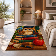 Wise Owl Teacher Rug in a bedroom with an arched window