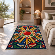 School Supplies Mandala Rug in a bedroom with an arched window