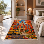 Autumn Schoolhouse Rug in a bedroom with an arched window